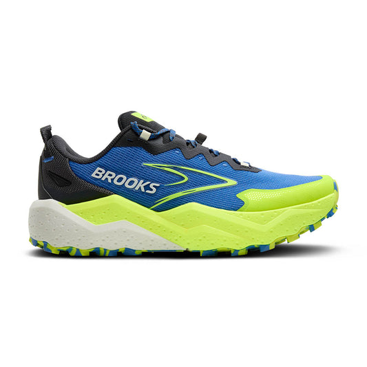 Blue and green running shoe with 'Brooks' branding on a white background