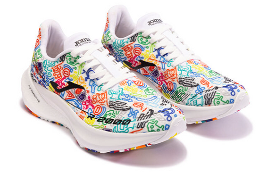 Colorful running shoes with various text and graphics on a white background
