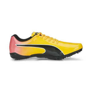 Yellow running shoe with black and red accents on a white background