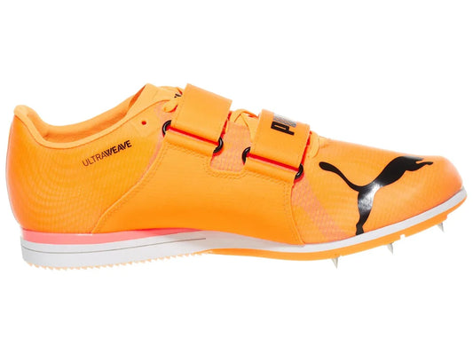 Orange running shoe with spikes on a white background
