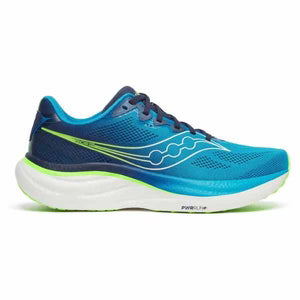 Blue running shoe with white sole on a white background