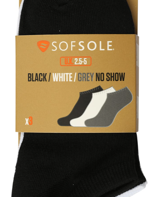 SOF SOLE Recycled No Show ,3 pairs (White,Black,Grey)