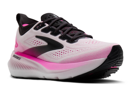 Pink and black running shoe with 'Brooks' branding on a white background