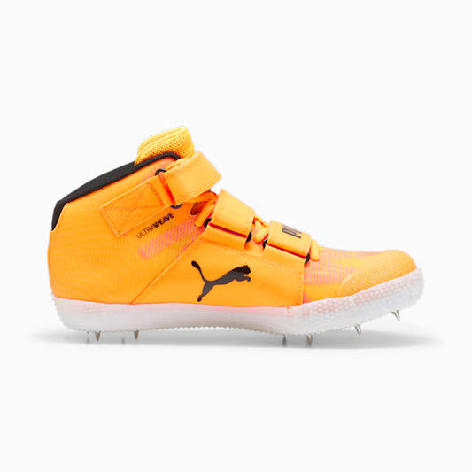 Orange athletic shoe with black logo on a white background