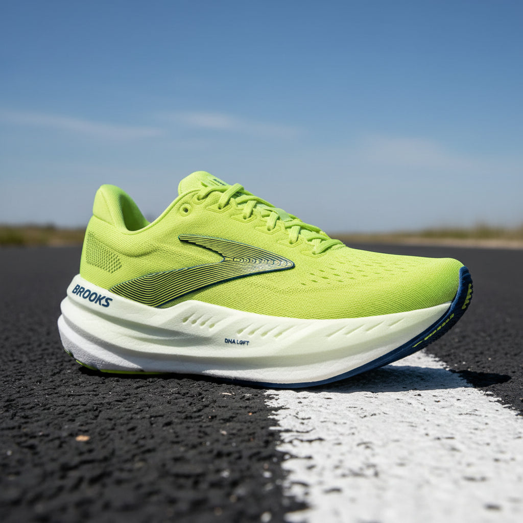 Green running shoe with blue sole on a white background