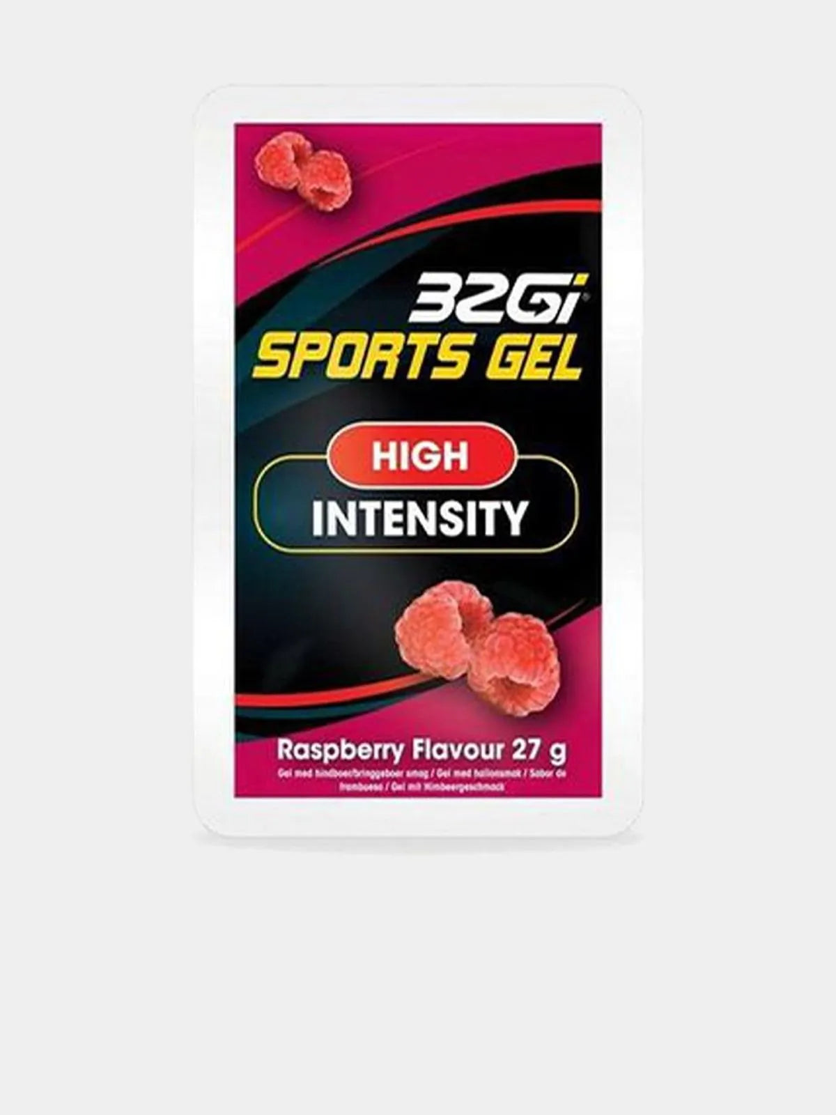 32Gi Sports Gel package with raspberry flavor on a white background