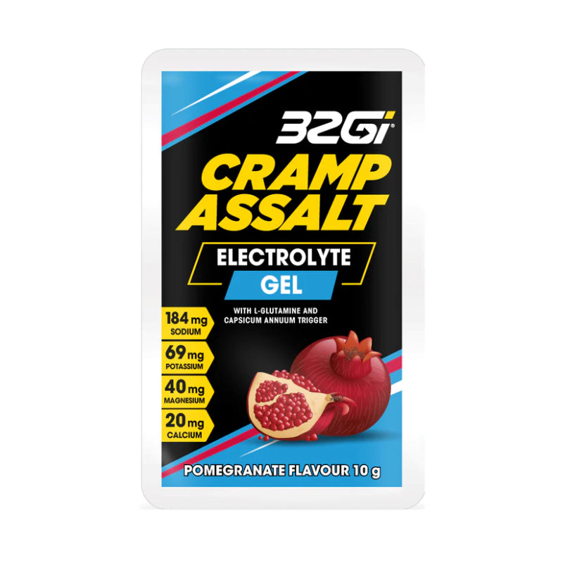 32G Cramp Assault Electrolyte Gel packaging with pomegranate flavor on a white background