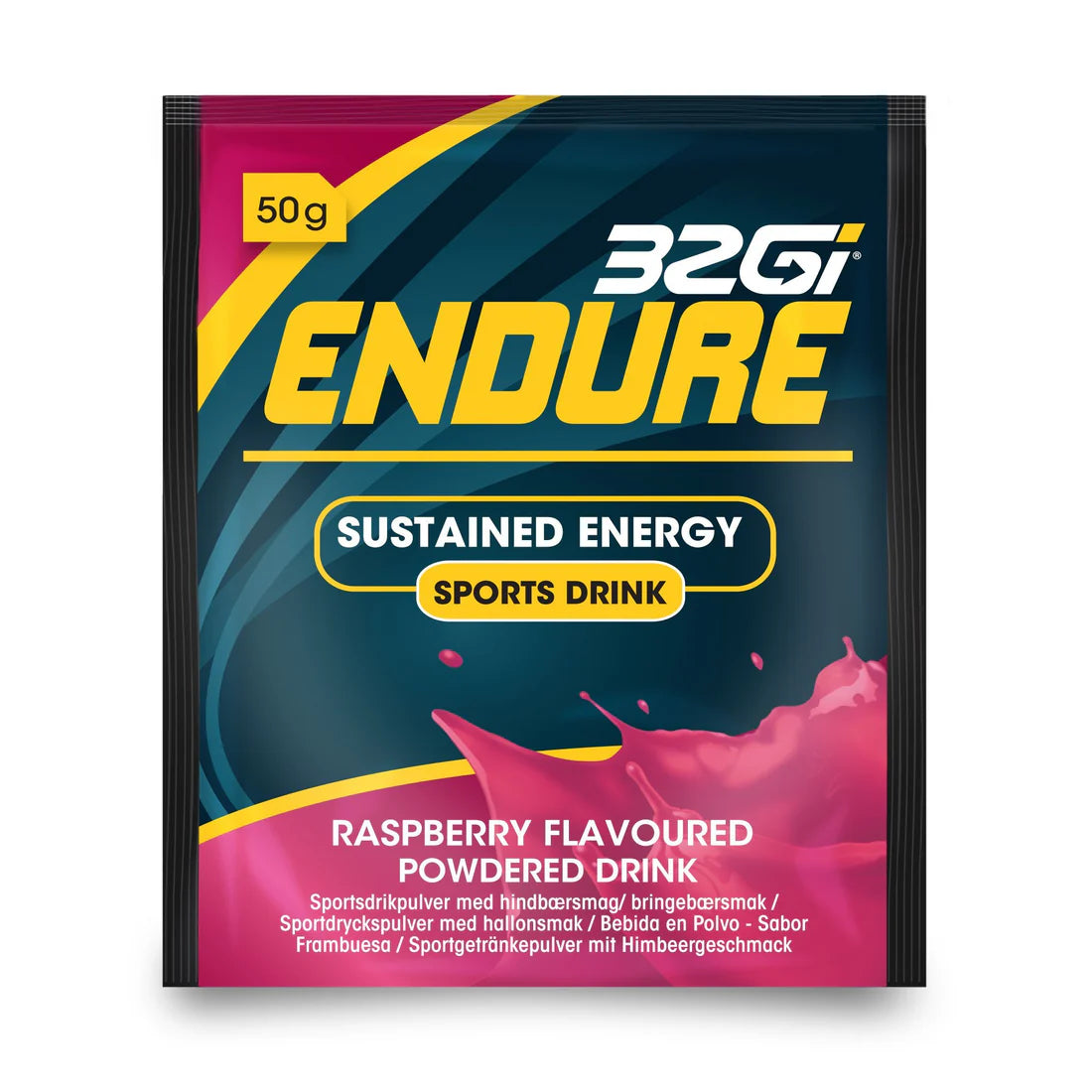 32Gi Endure sustained energy sports drink packet with raspberry flavor on a white background