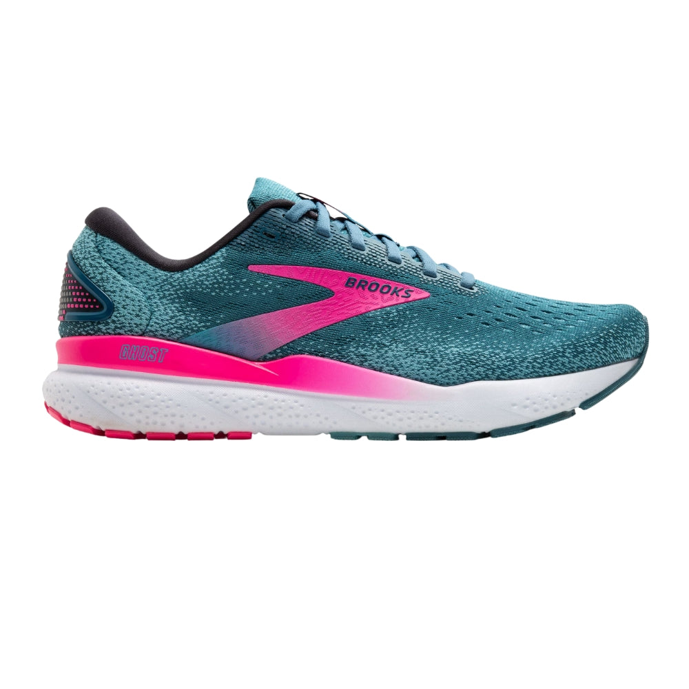 Teal and pink running shoe with Brooks logo on a white background
