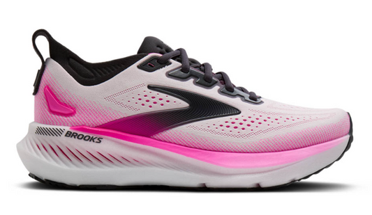 White and pink running shoe with black accents on a white background