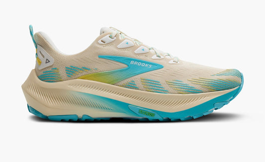 Blue and yellow trail running shoe 