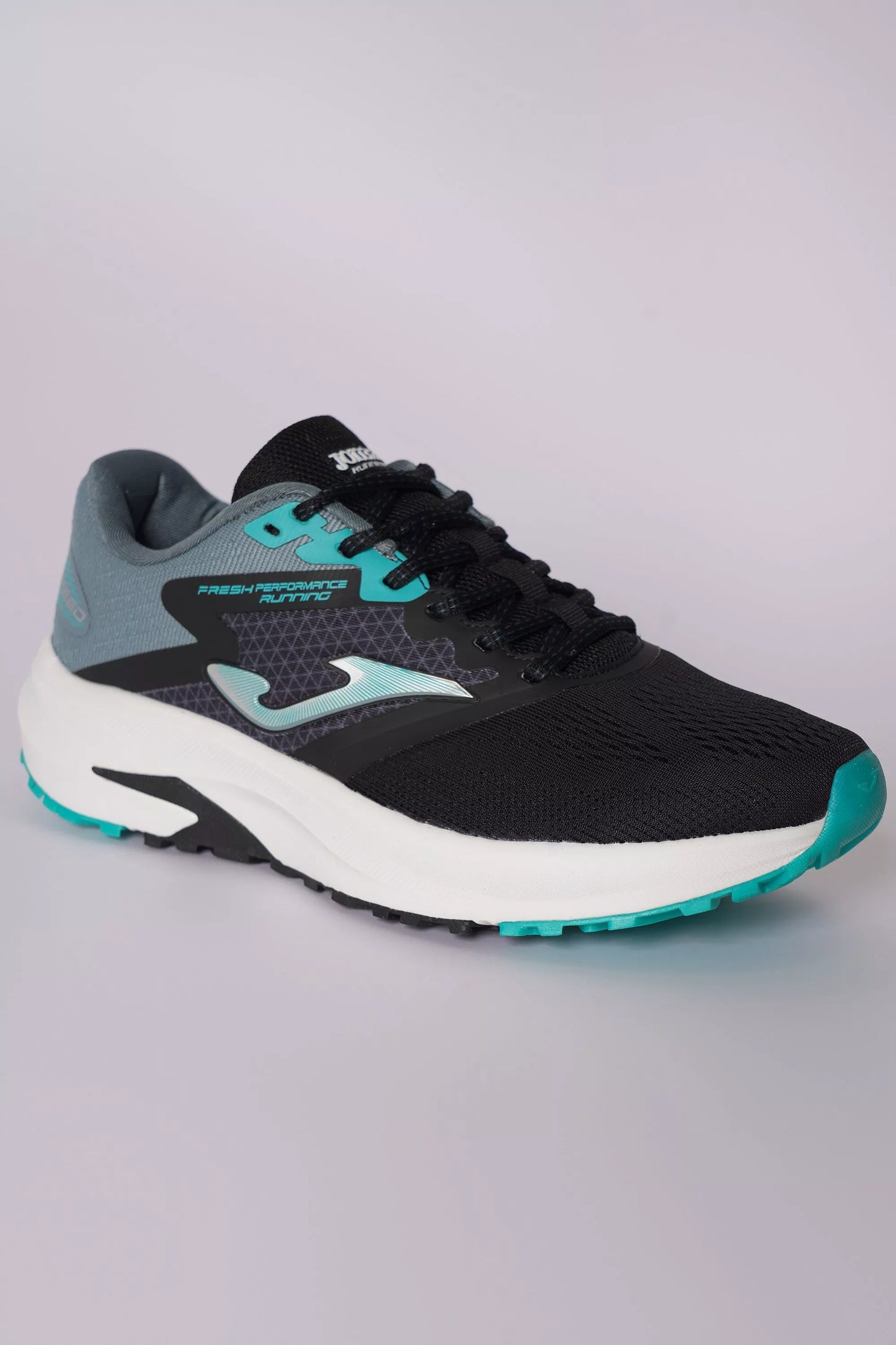 Black and gray running shoe with teal accents on a light gray background