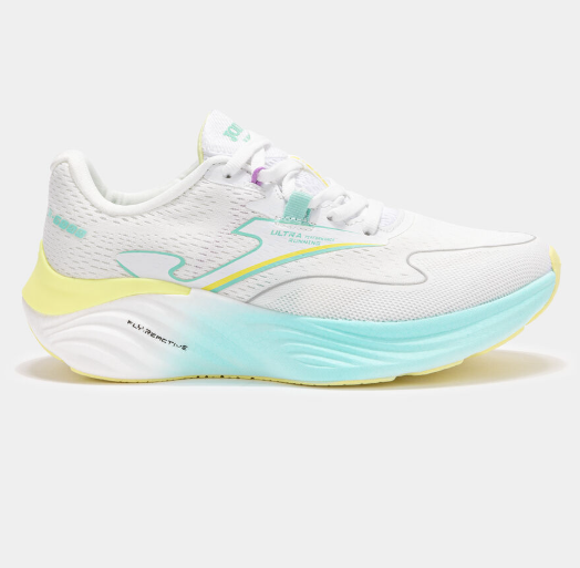 White running shoe with teal and yellow accents on a white background