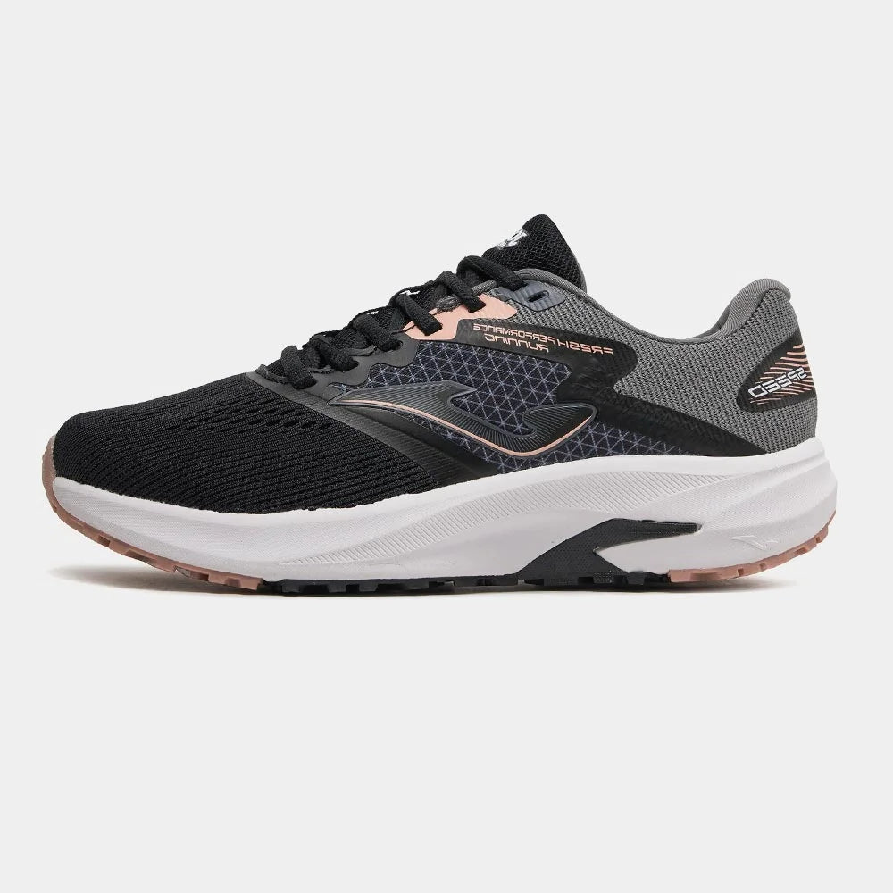Black and gray running shoe with white sole on a light gray background