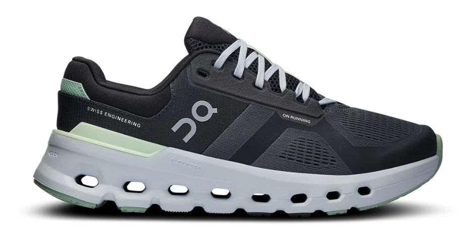 Black running shoe with white sole on a white background