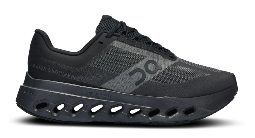 Black running shoe with 'On' branding on a white background