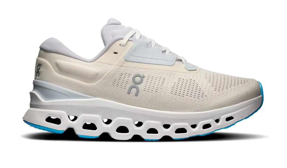 White running shoe with blue accents on a white background