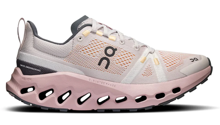 Pink and gray running shoe with brand logo on a white background