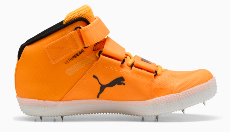 Orange athletic shoe with black accents on a white background