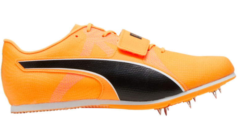 Orange long jump shoe with black accents on a white background