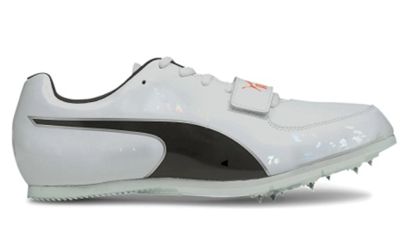 White running shoe with black accents on a white background