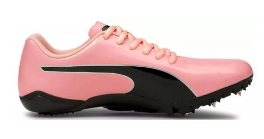 Pink and black athletic shoe with cleats on a white background