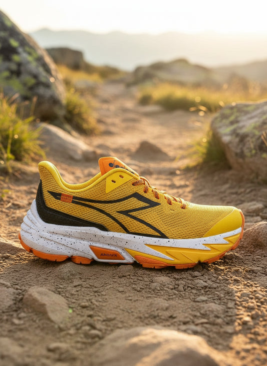 Yellow trail running shoe with orange accents on a white background