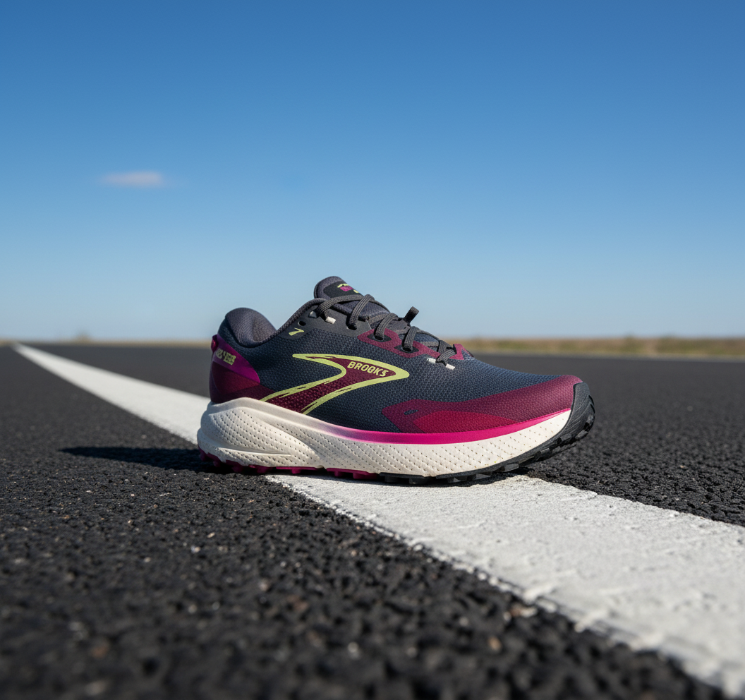 Gray and purple running shoe with yellow accents on a white background