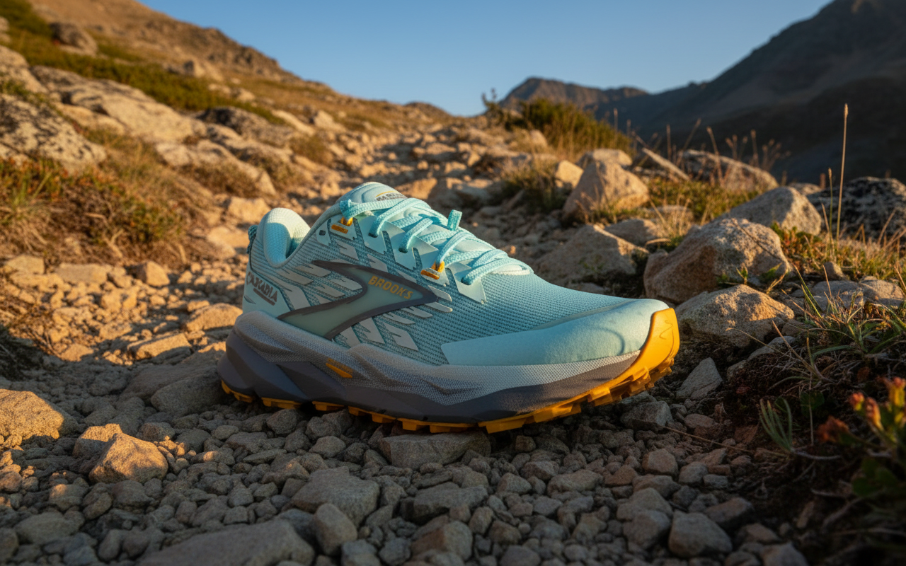 Blue running shoe with yellow sole on a white background