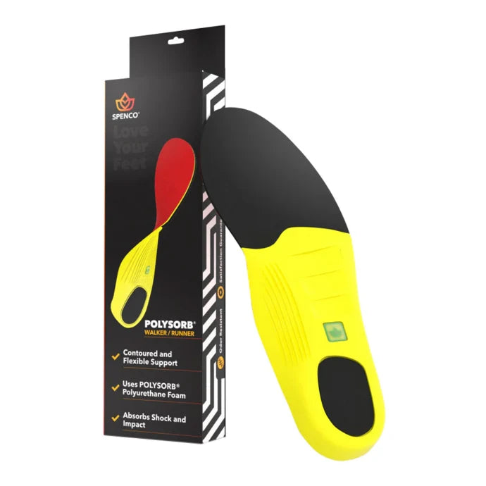 Yellow and black shoe insert with Spenco packaging on a white background