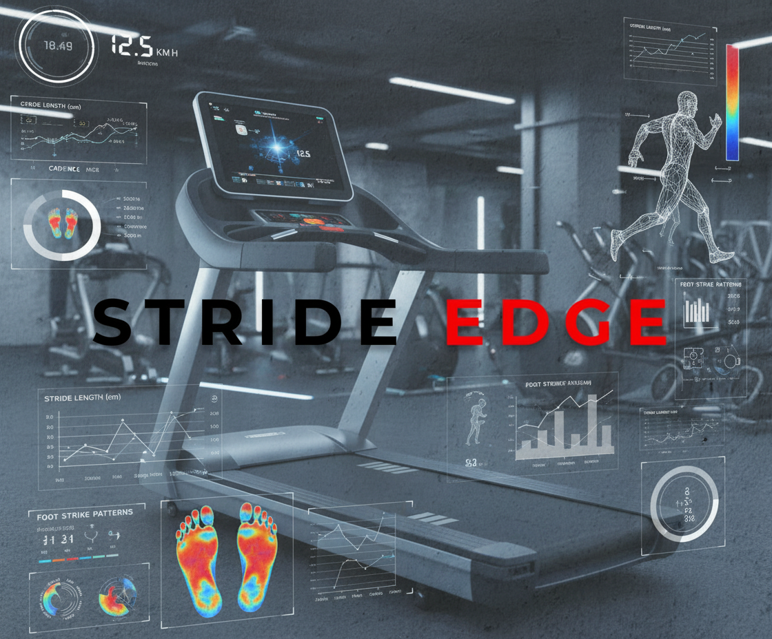 Gym pic with treadmill with science and gaits stats overlay