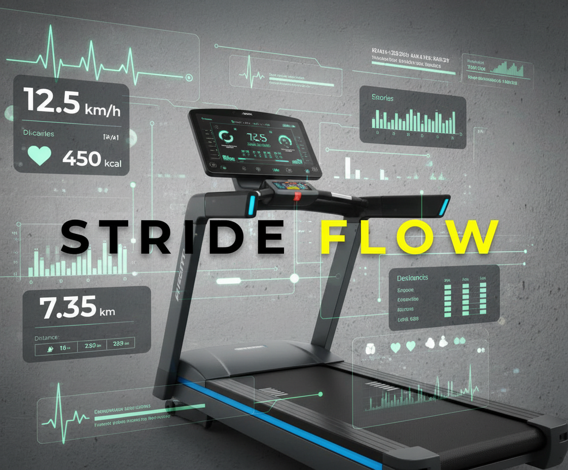Treadmill with digital display and 'Stride Flow' branding against a tech-themed background