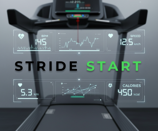Text 'STRIDE START' on a textured gray background