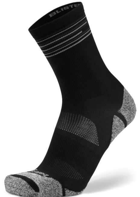 Black and gray sock with 'Blistex' branding on a white background
