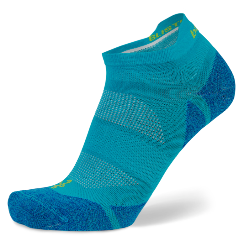 Blue athletic sock with brand logo on a white background