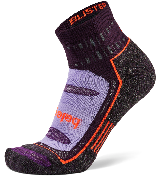 Black, purple, and orange sock with 'Blistex' branding on a white background