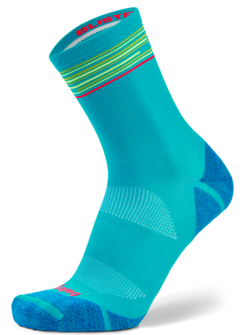 Turquoise sock with colorful stripes on a white background