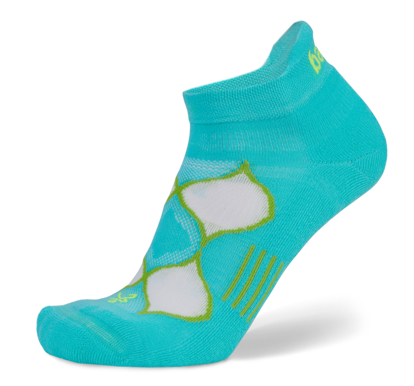 Turquoise athletic sock with white and green design on a white background