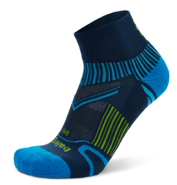 Blue and green athletic sock on a white background