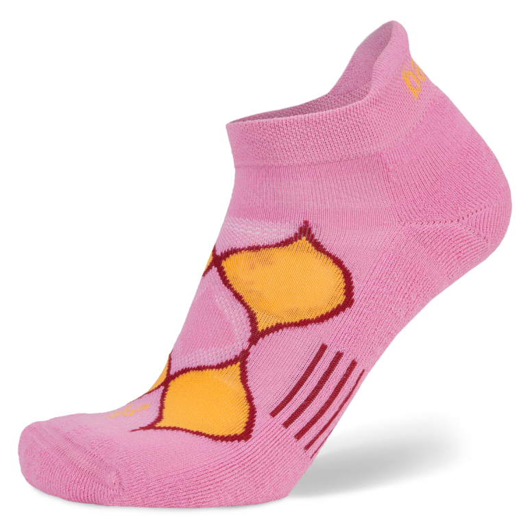 Pink ankle sock with yellow and red design on a white background