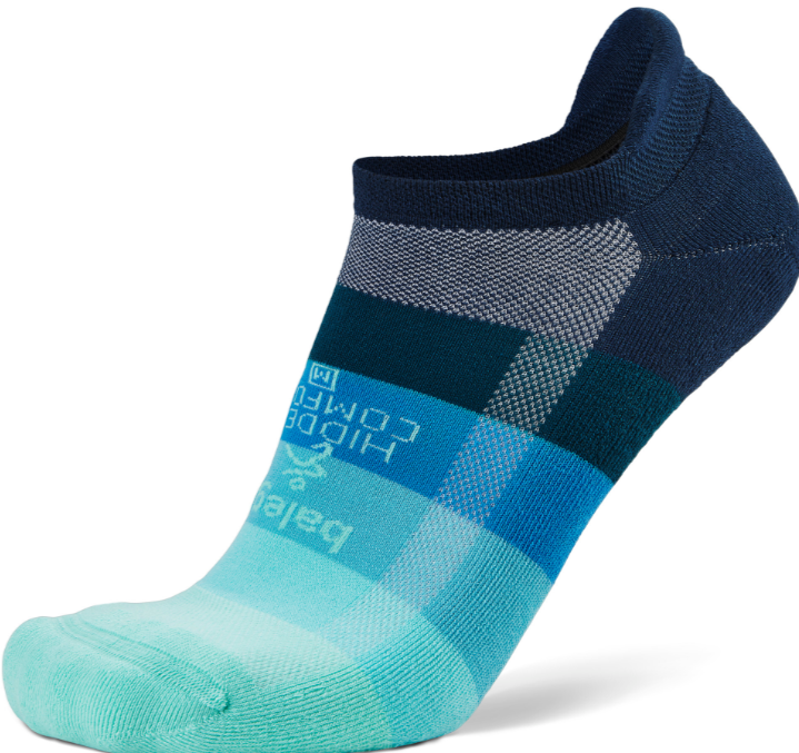 Navy and teal sock with brand logo on a white background