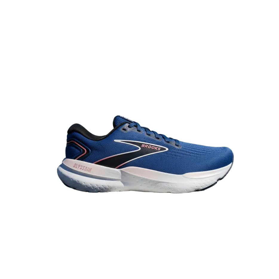 Blue running shoe with white sole on a white background