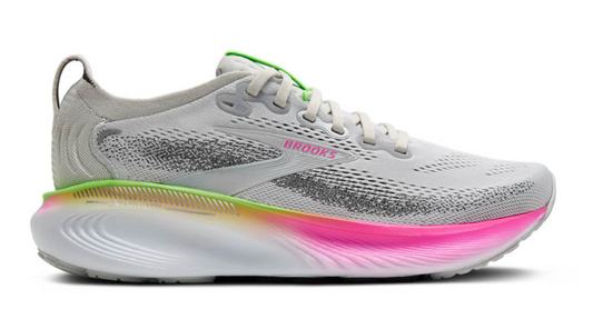 Gray running shoe with pink sole on a white background