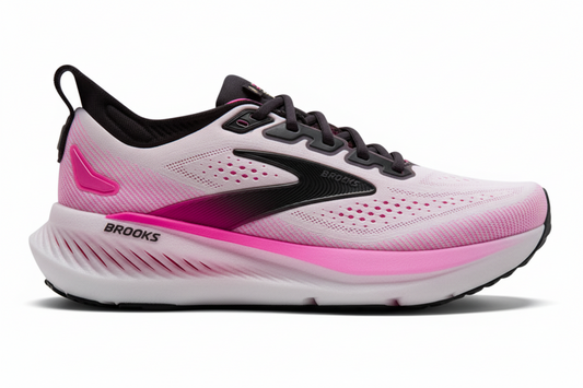 Pink and black running shoe with 'Brooks' branding on a white background