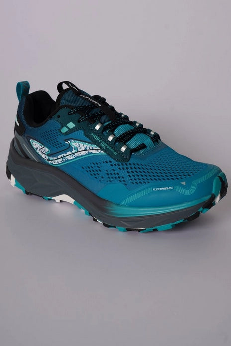 Blue and black athletic shoe on a gray background