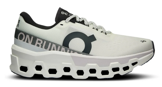 White running shoe with black sole on a white background