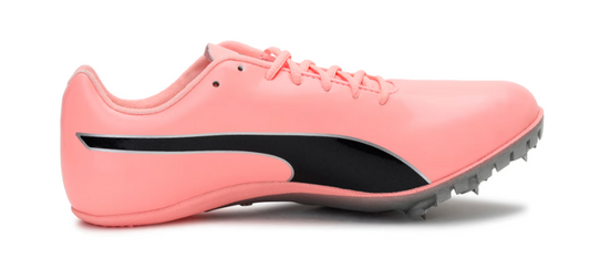 Pink athletic shoe with black accents on a white background
