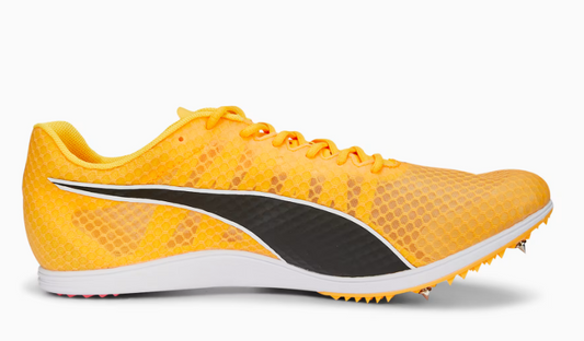 Yellow running shoe with black and white accents on a white background