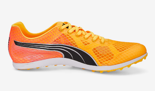 Orange and black running shoe with white sole on a white background