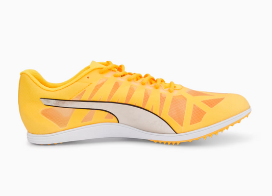Yellow running shoe with white sole on a light gray background